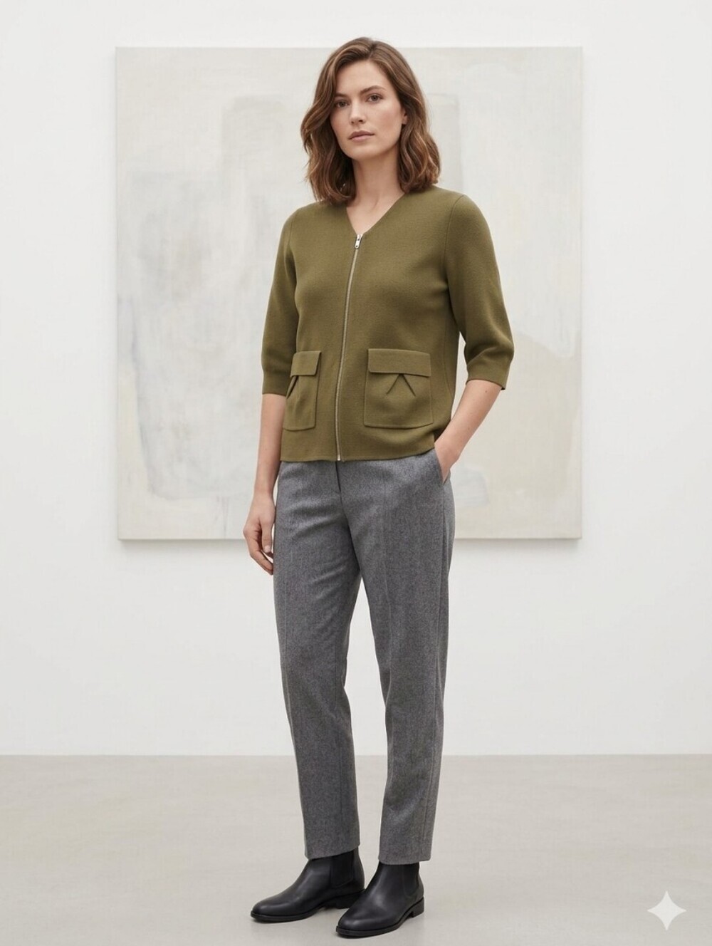 COS OLIVE GREEN ZIP FRONT KNIT CARDIGAN SWEATER XS MINIMALIST